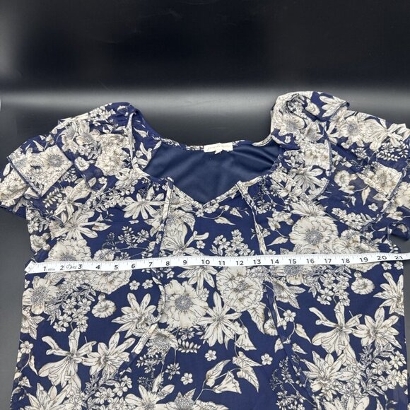 Joie de Vivre Blue Beige Floral Sheer Lined Flowy Flutter Sleeve Blouse Top 2X - Picture 8 of 9